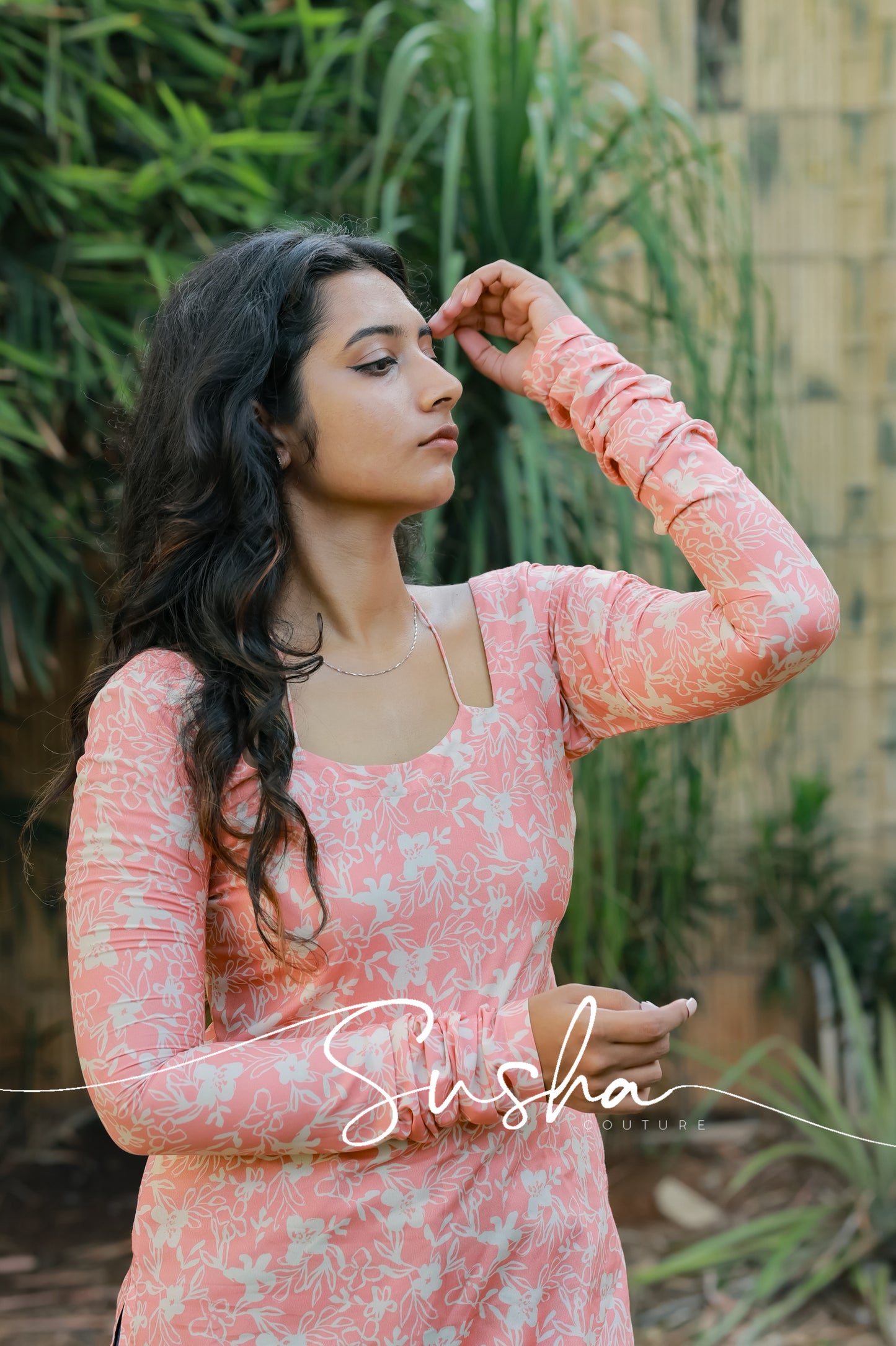 Peach pink floral abstract printed swiss cotton (SC008)