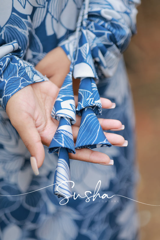 Lake blue with lotus printed swiss cotton (SC010)