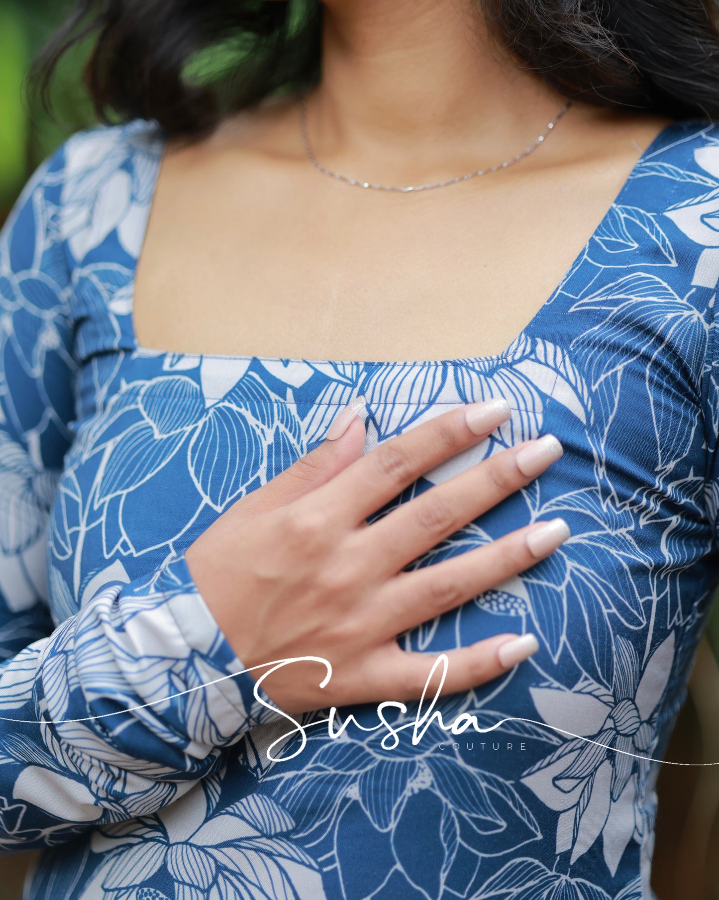 Lake blue with lotus printed swiss cotton (SC010)