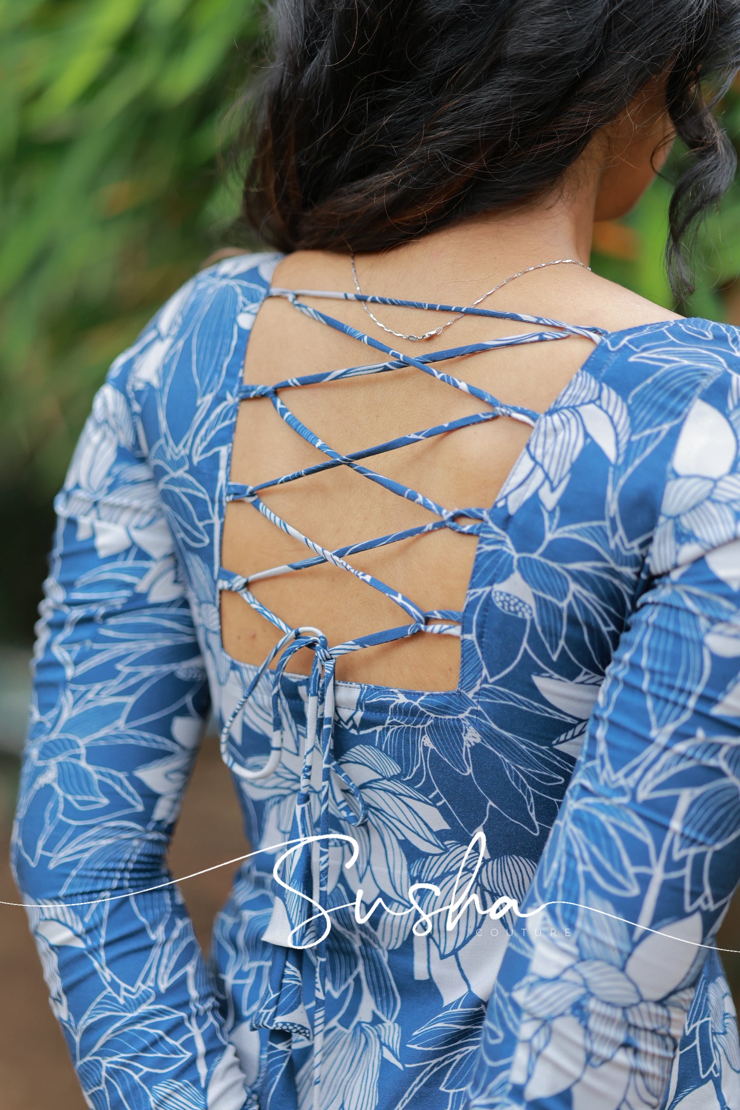 Lake blue with lotus printed swiss cotton (SC010)
