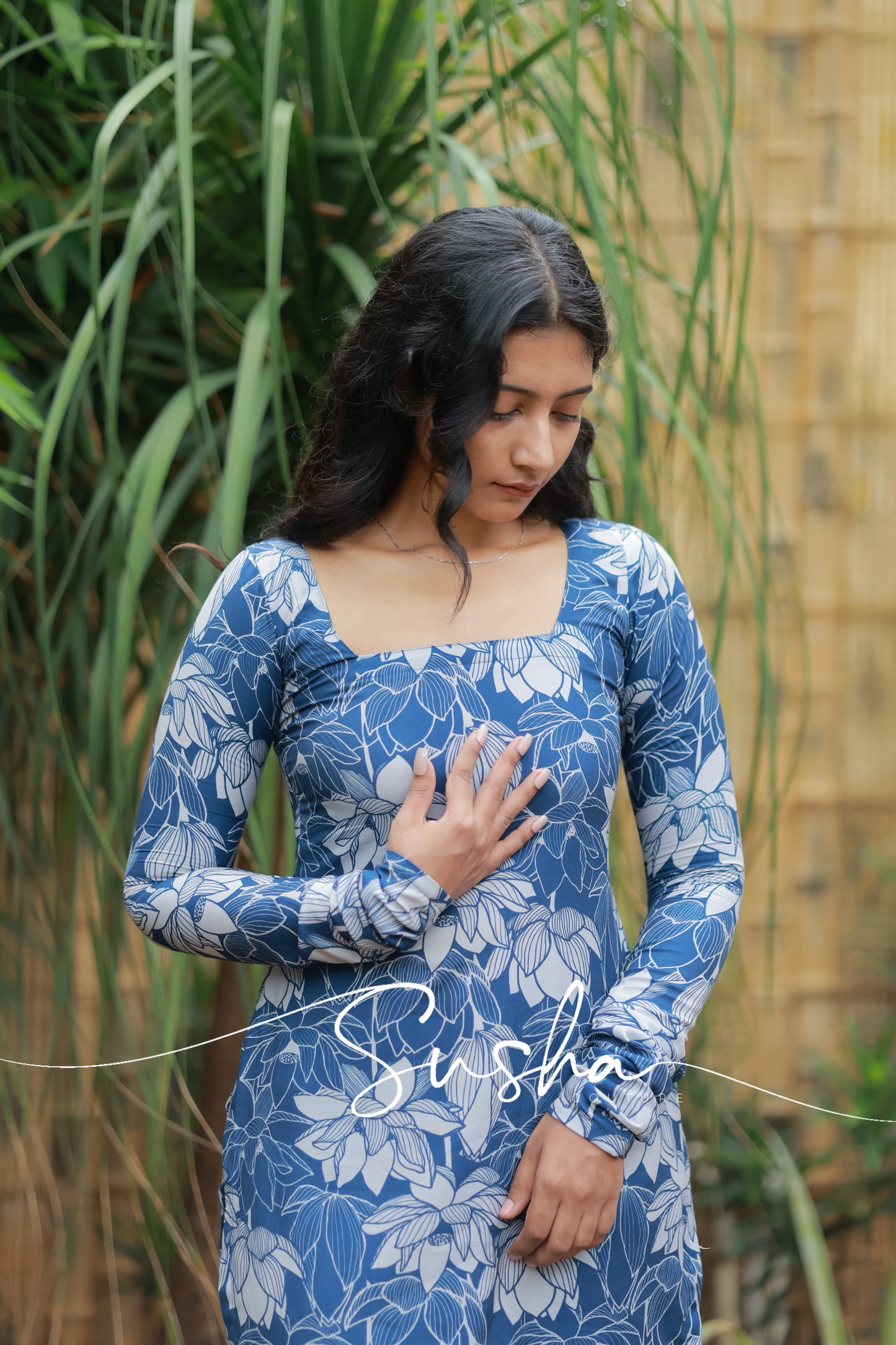 Lake blue with lotus printed swiss cotton (SC010)