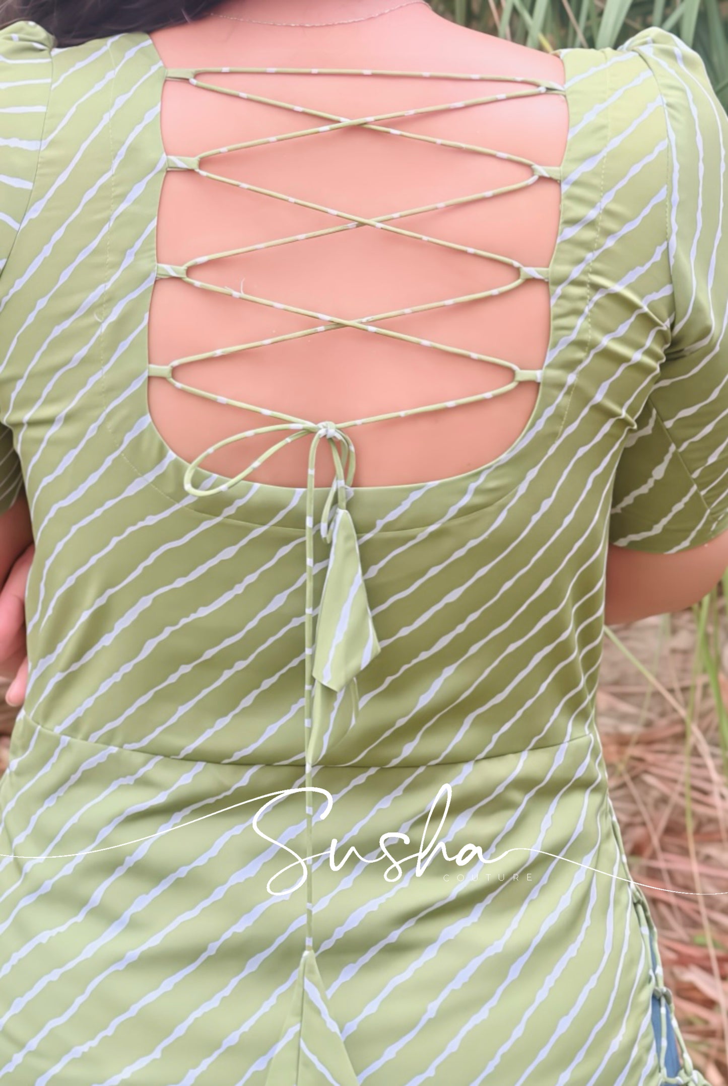Moss green with cross strip printed swiss cotton (SC011)