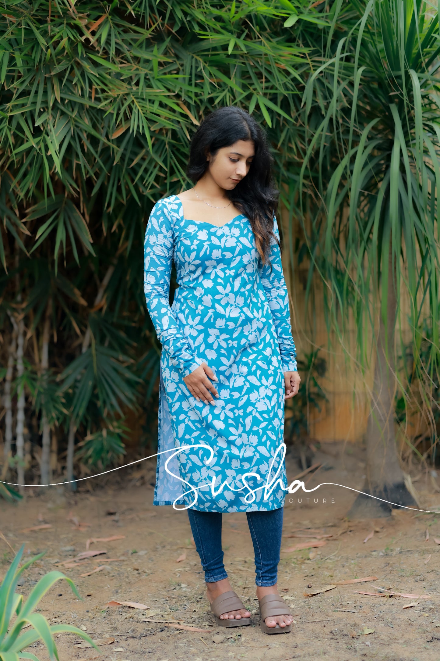 Turquoise blue with pastel grey floral printed swiss cotton (SC002)