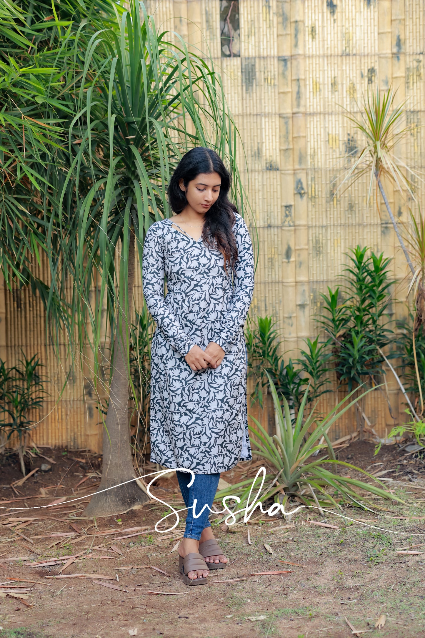 Charcoal black with ash grey floral bird printed swiss cotton (SC003)
