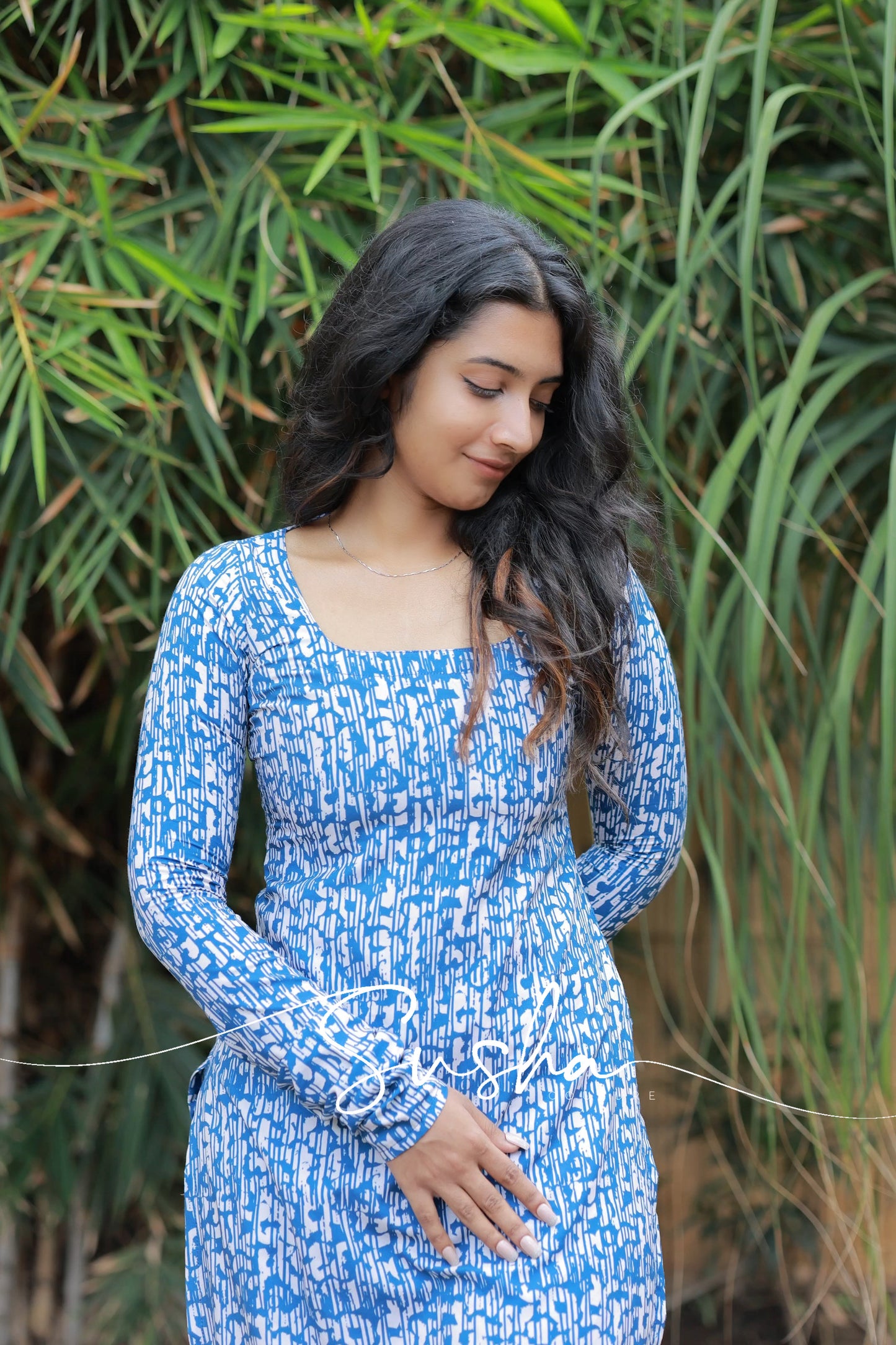 Lake blue with abstract printed swiss cotton (SC001)