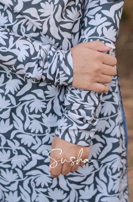 Charcoal black with ash grey floral bird printed swiss cotton (SC003)