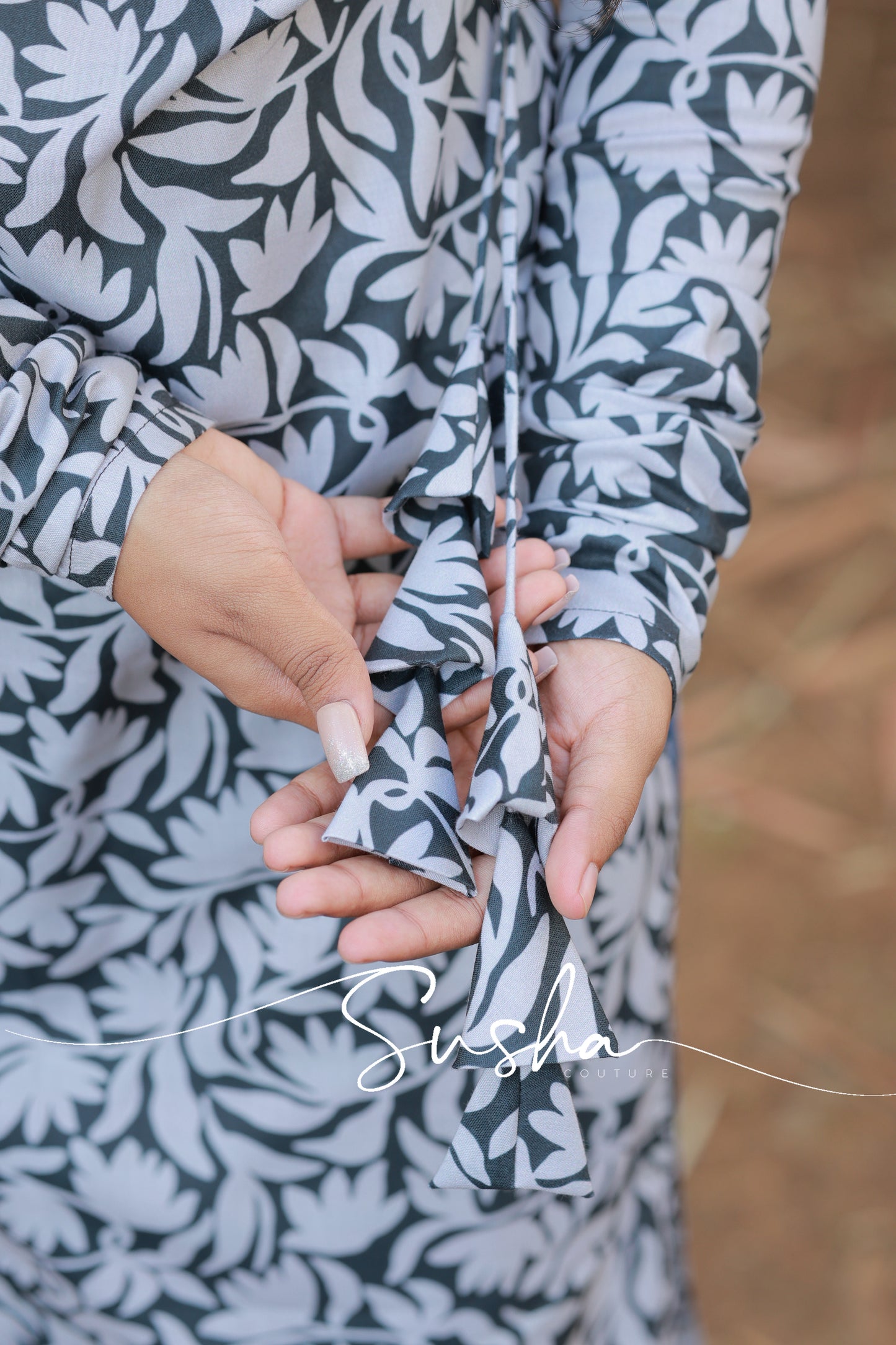 Charcoal black with ash grey floral bird printed swiss cotton (SC003)