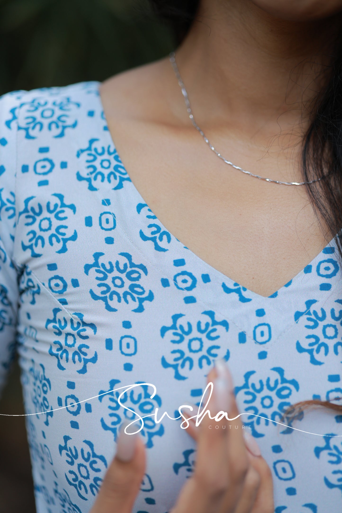 Dusky white with bluebird blue printed swiss cotton (SC005)