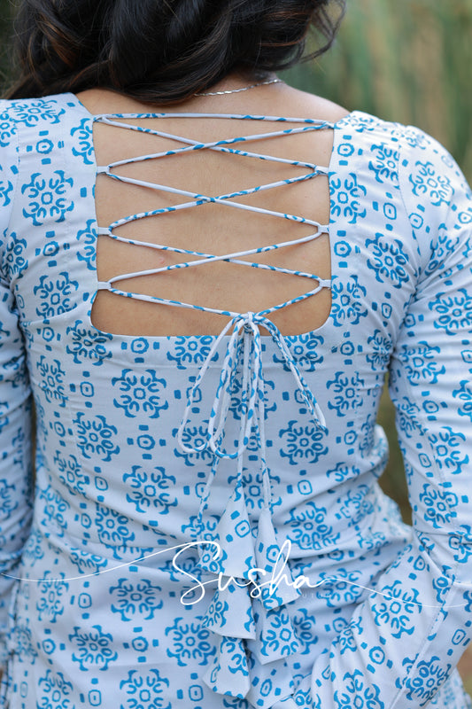 Dusky white with bluebird blue printed swiss cotton (SC005)