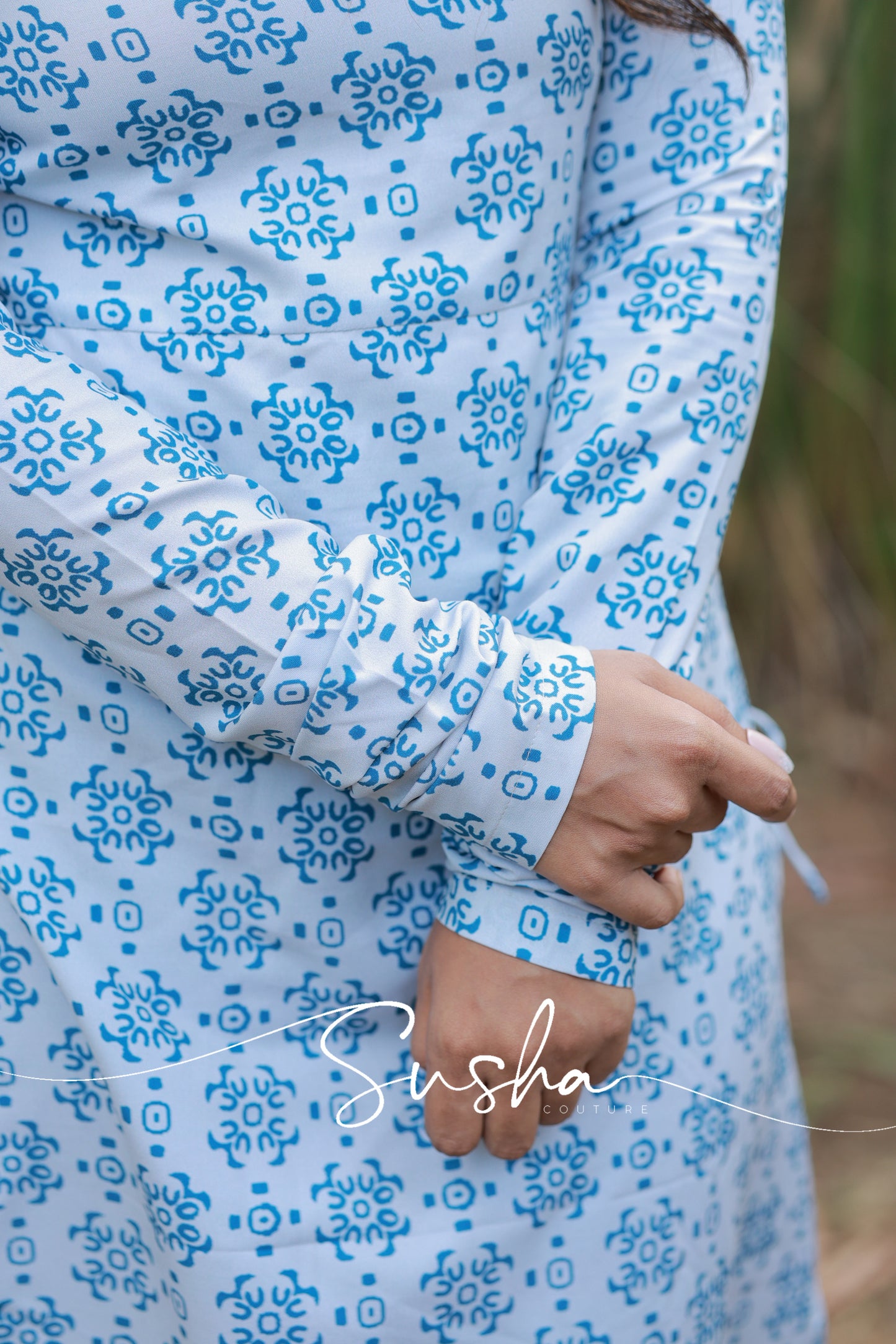Dusky white with bluebird blue printed swiss cotton (SC005)