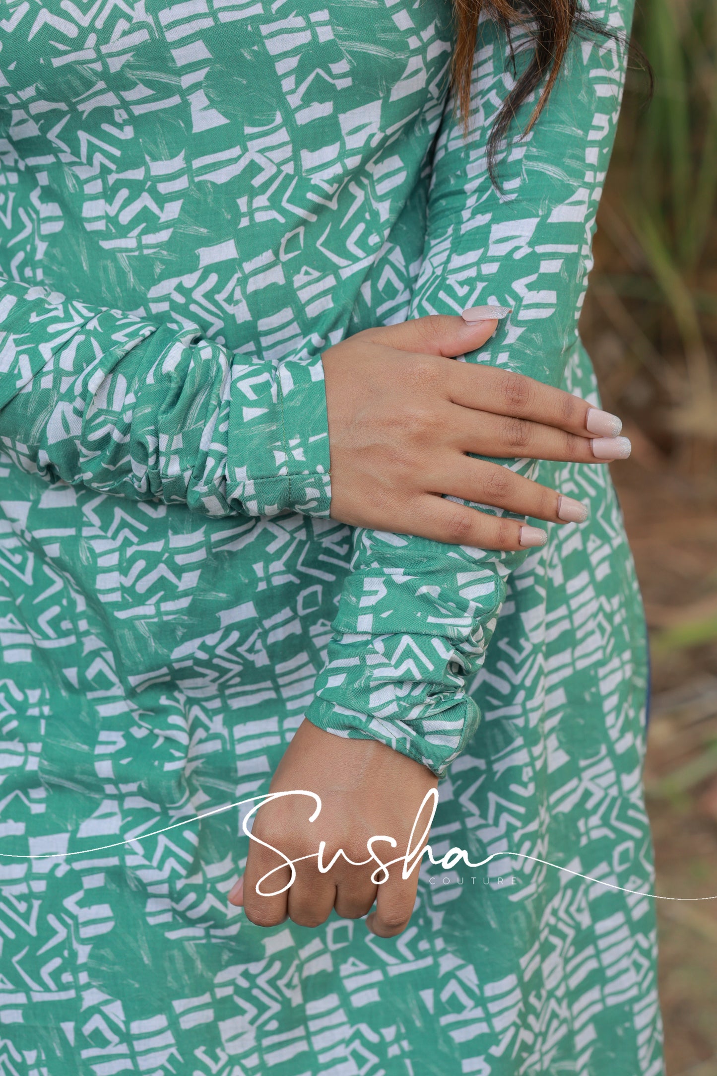 Turtle green with dull white abstract printed swiss cotton (SC004)