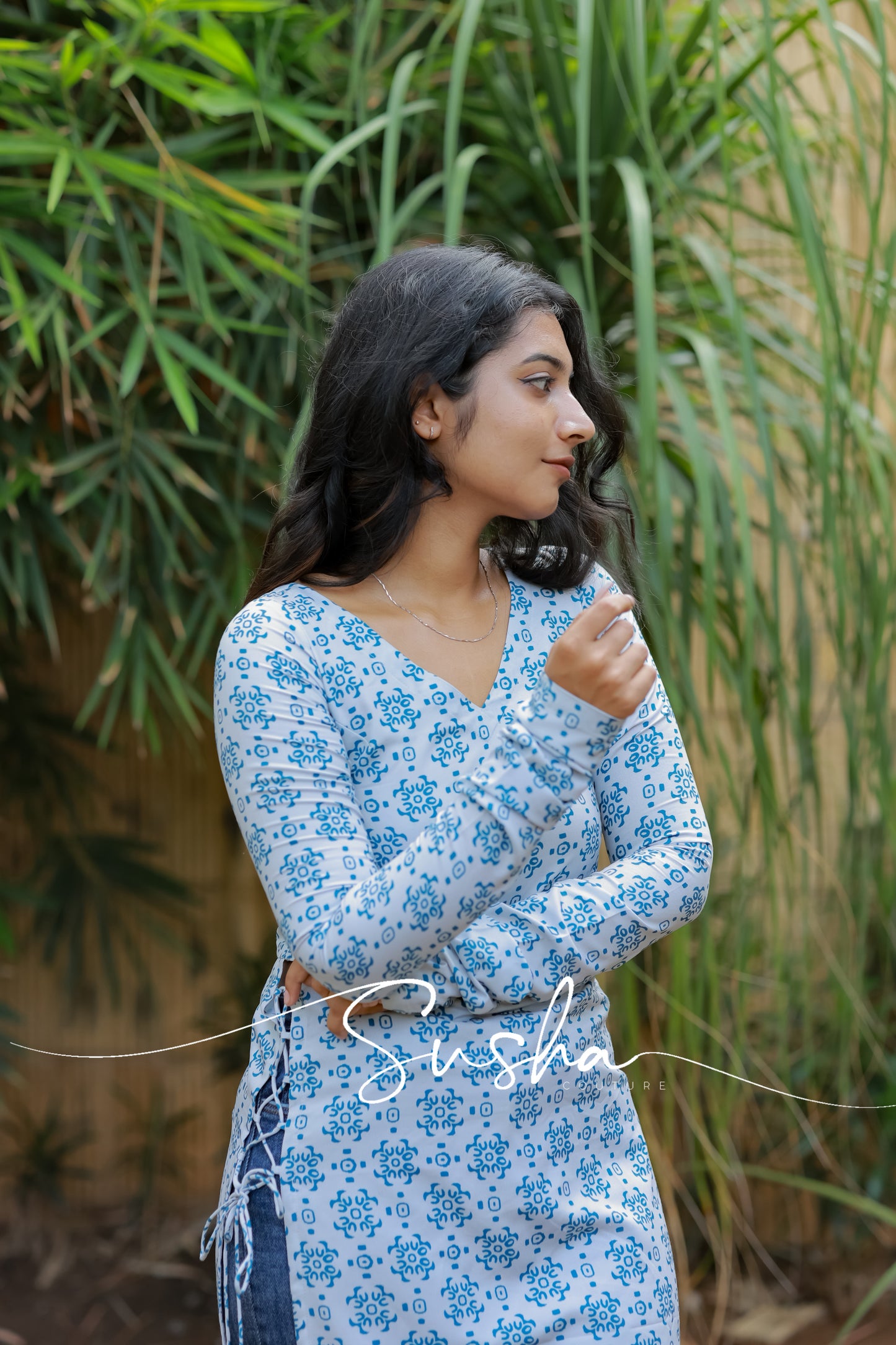 Dusky white with bluebird blue printed swiss cotton (SC005)