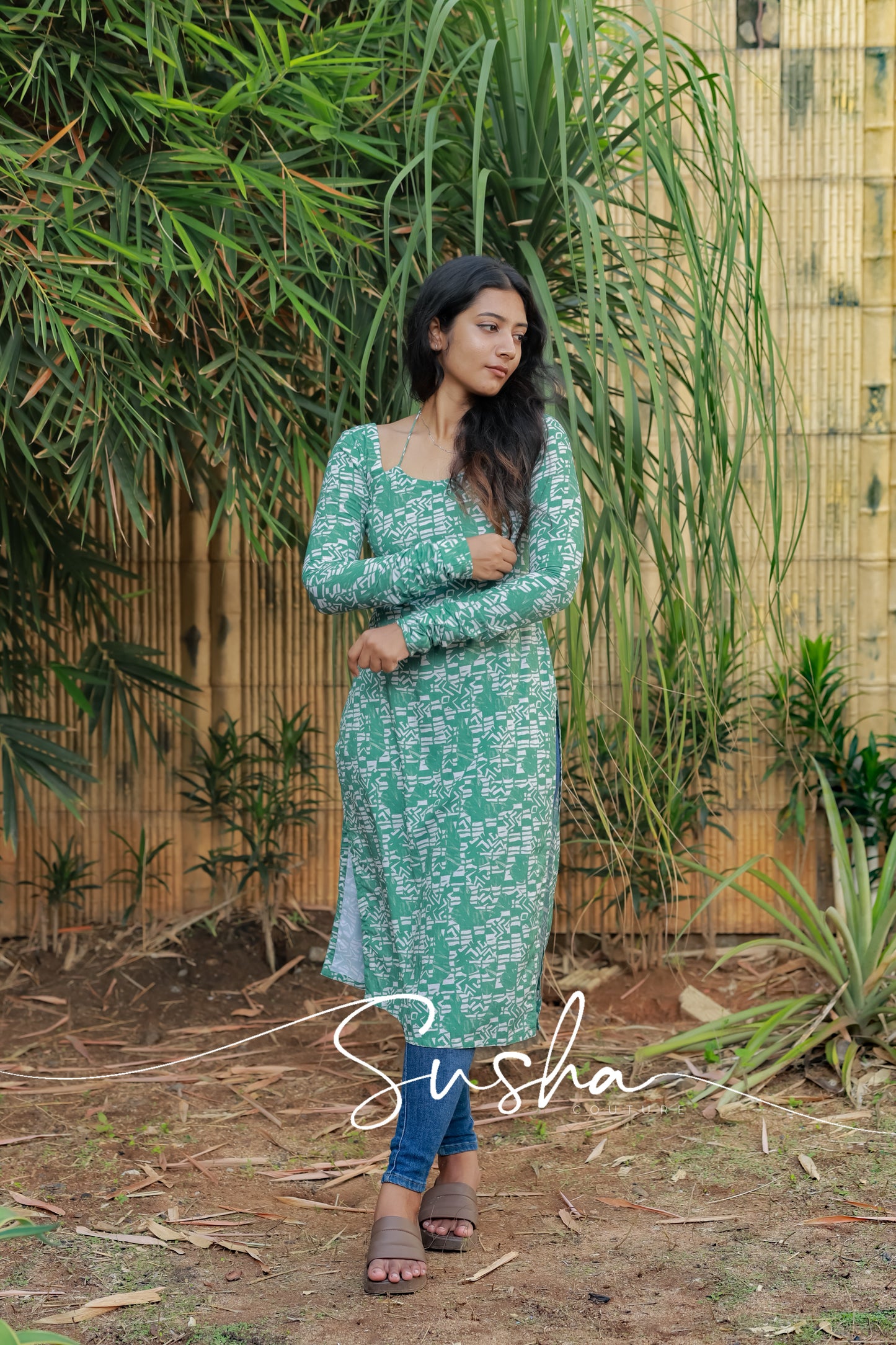 Turtle green with dull white abstract printed swiss cotton (SC004)
