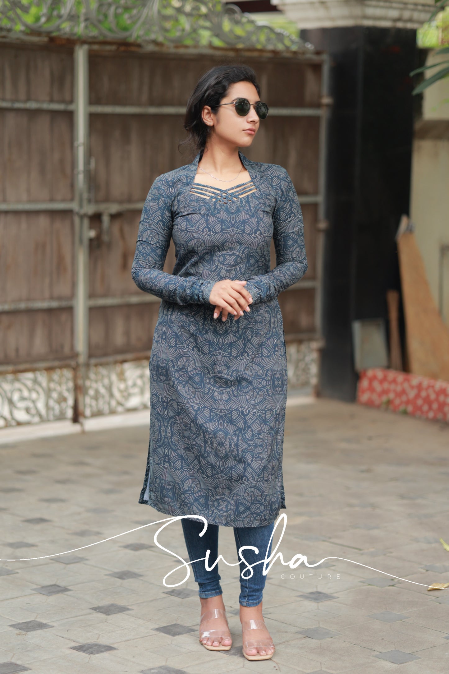 Dusk blue with abstract printed swiss cotton (SC019)