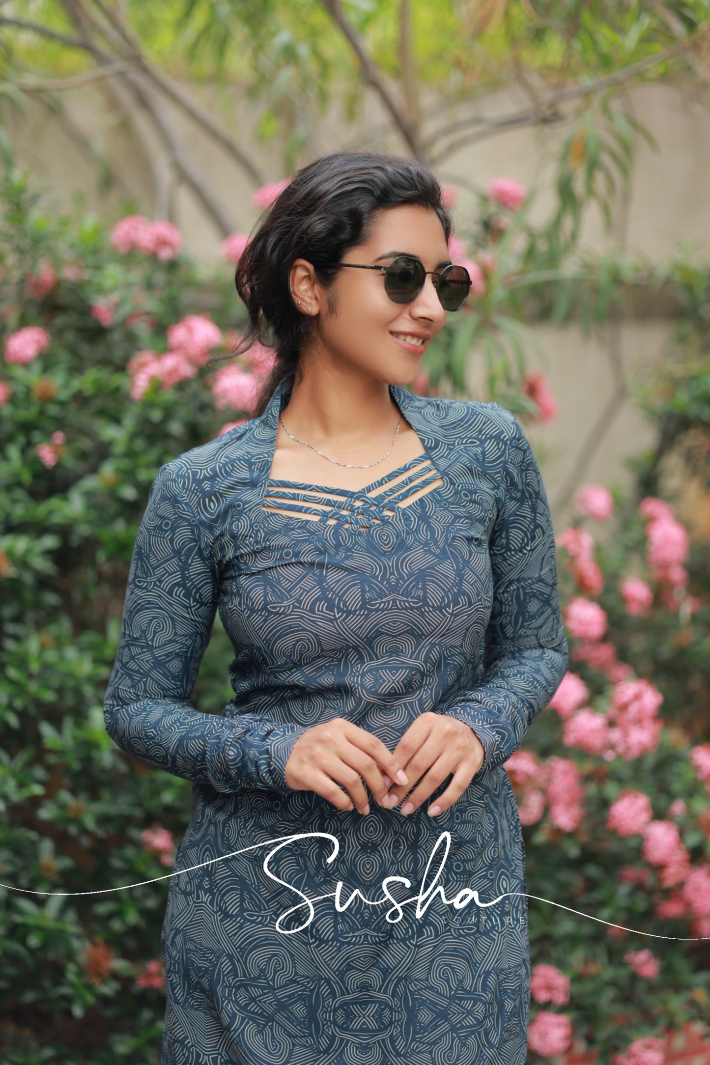 Dusk blue with abstract printed swiss cotton (SC019)