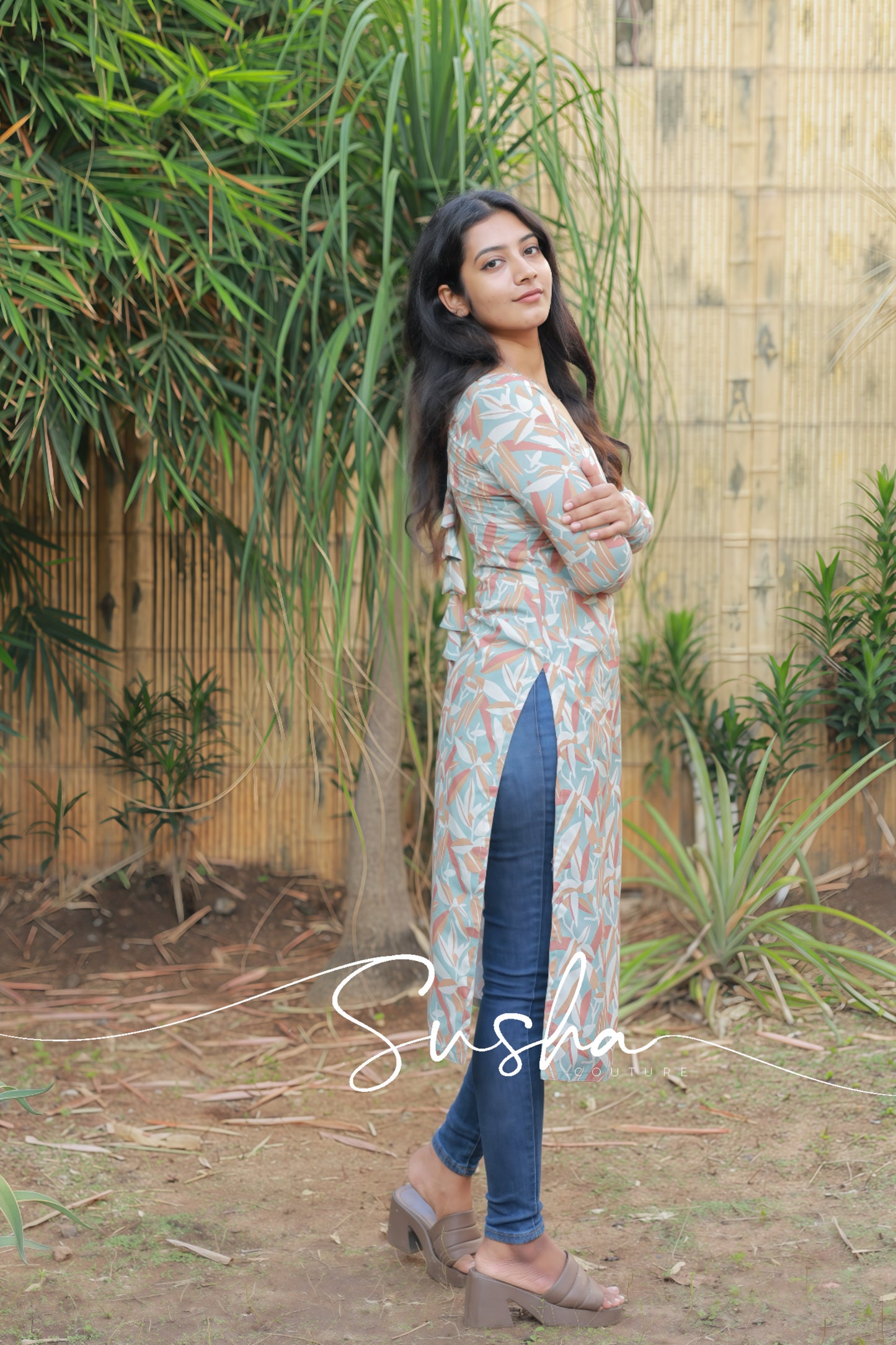 Ash green with pastel leaf print (SC012)