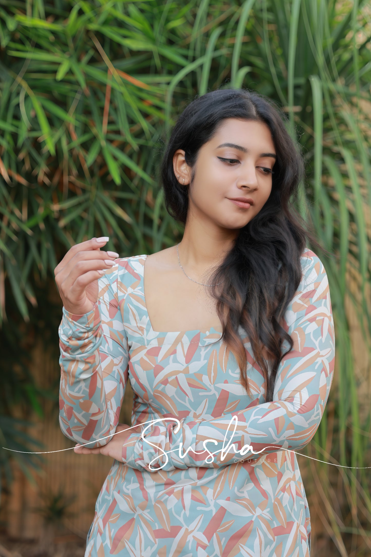 Ash green with pastel leaf print (SC012)