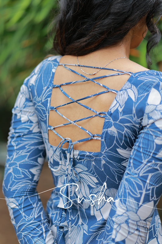 Lake blue with lotus printed swiss cotton (SC010)