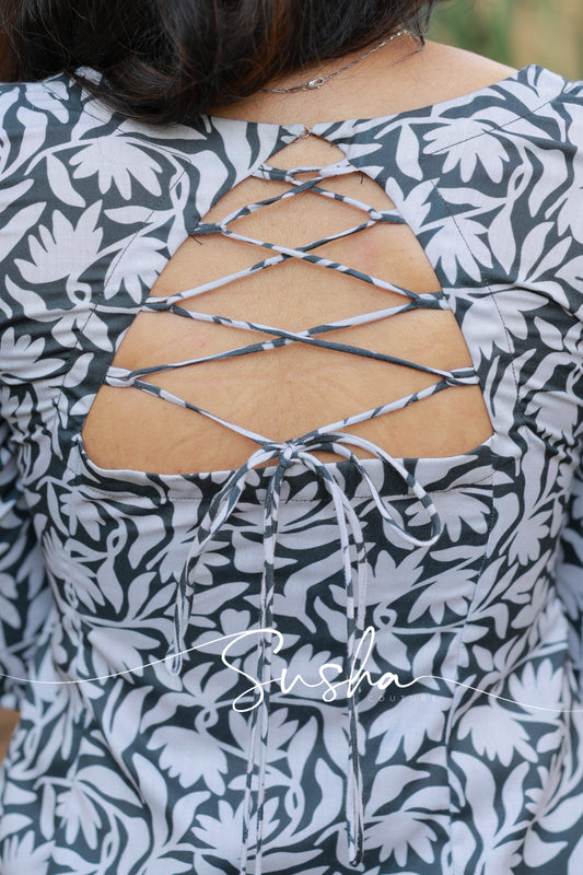 Charcoal black with ash grey floral bird printed swiss cotton (SC003)