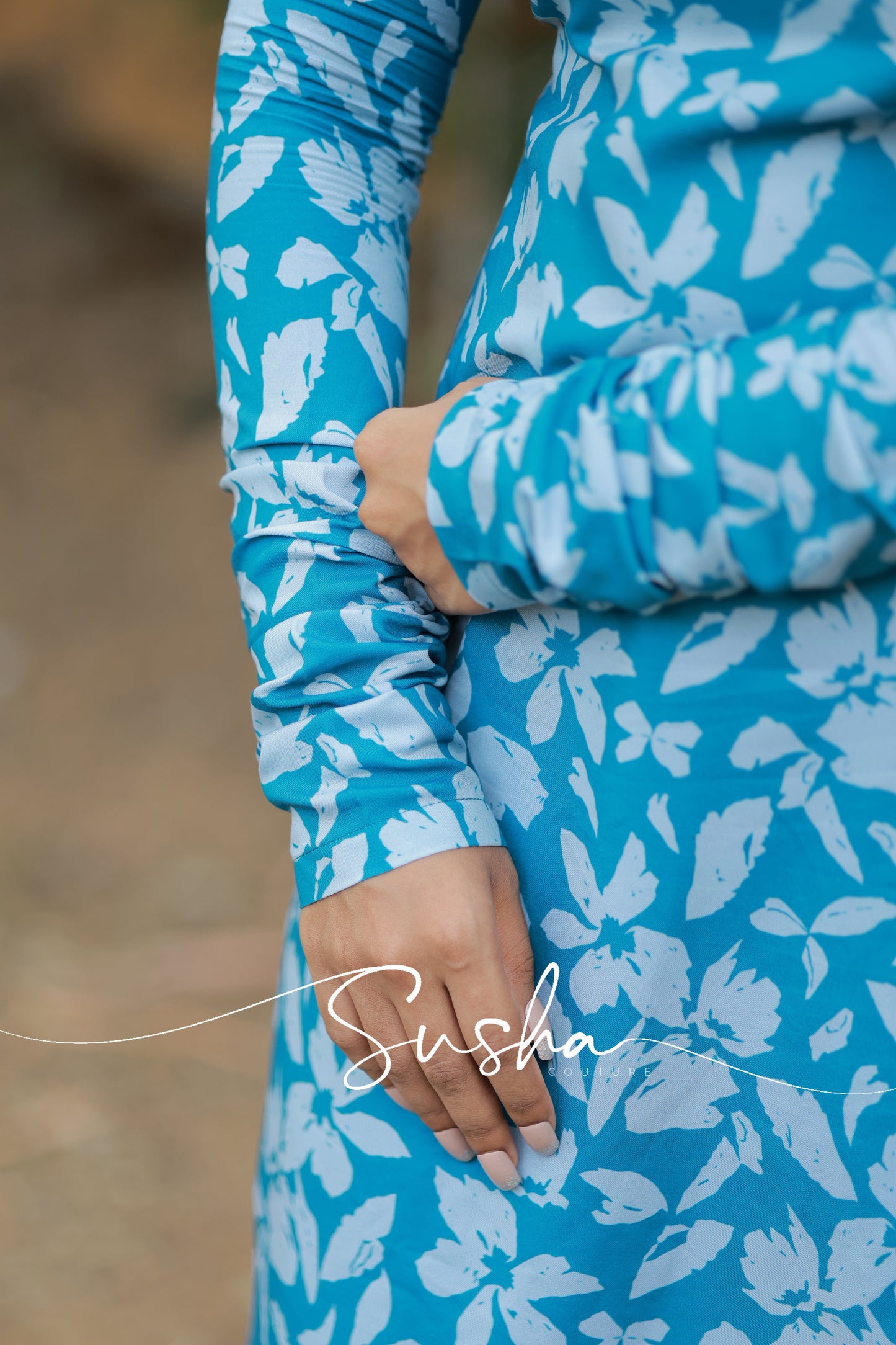 Turquoise blue with pastel grey floral printed swiss cotton (SC002)
