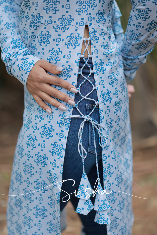 Dusky white with bluebird blue printed swiss cotton (SC005)