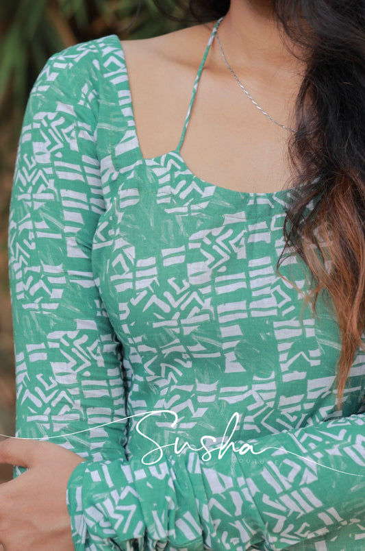 Turtle green with dull white abstract printed swiss cotton (SC004)