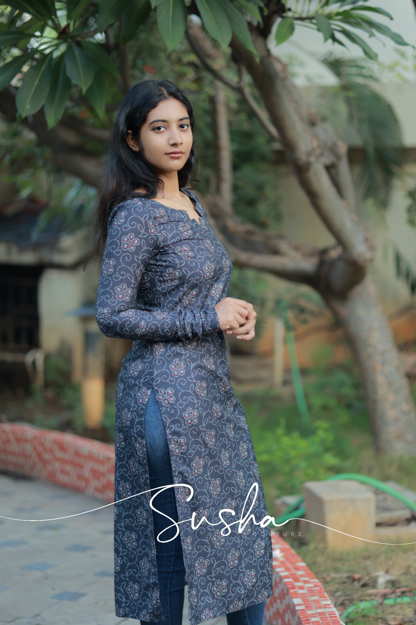 Dusk Black floral printed cutwork (SC020)